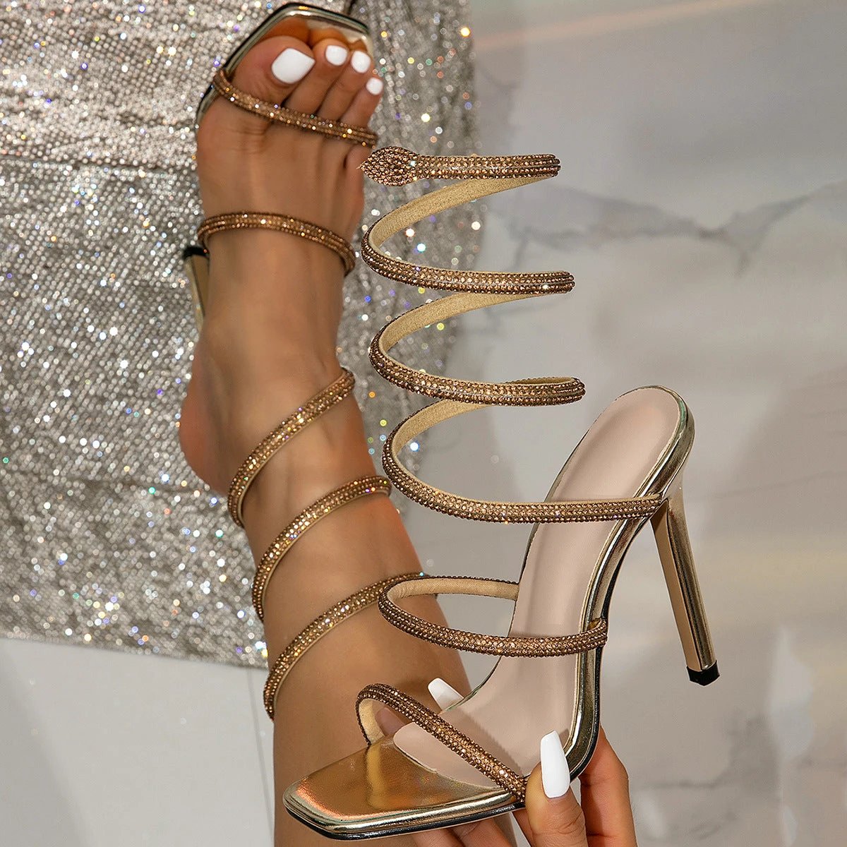 Fashion Snake-wrapped Sexy Crystal High Heels by GJG Denim