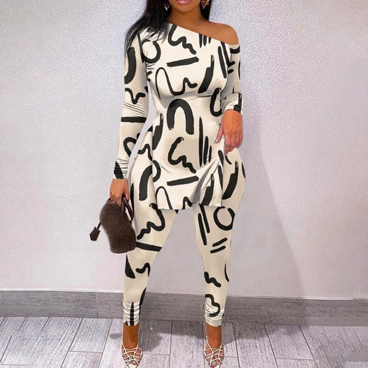 Autumn And Winter New Letter Floral Print Slit Hem Long Sleeve Top Suit Women by GJG Denim