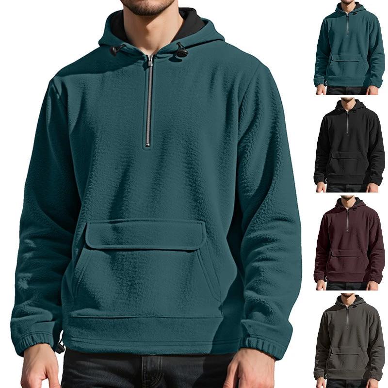 Men's Padded Fleece Solid Color Half Zip Hooded Pullover Sweater by GJG Denim