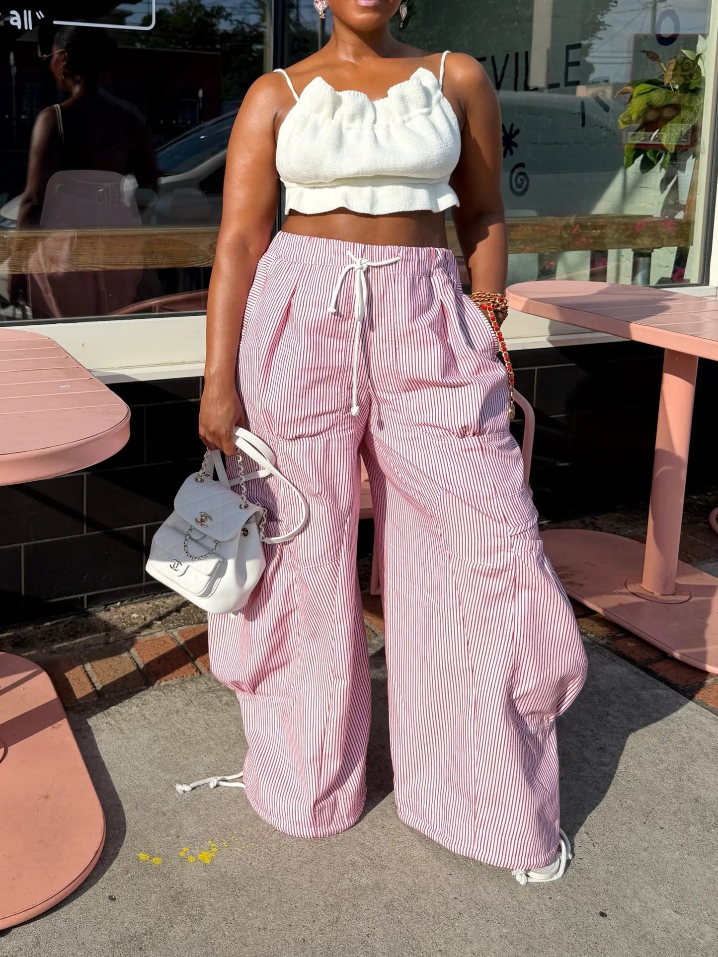 Vertical Stripe Drawstring Ruched Baggy Wide Leg Casual Cargo Pants by GJG Denim