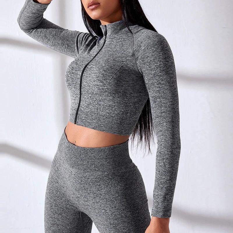 Seamless Yoga Clothes Zipper Tight Long Sleeve High Top Sports Workout Clothes Suit by GJG Denim