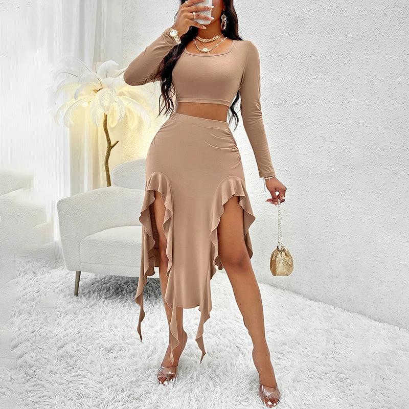 Women's Long Sleeve Round Neck Pleated Dress Suit - Solid Color Elegant Ruffle Outfit by GJG Denim