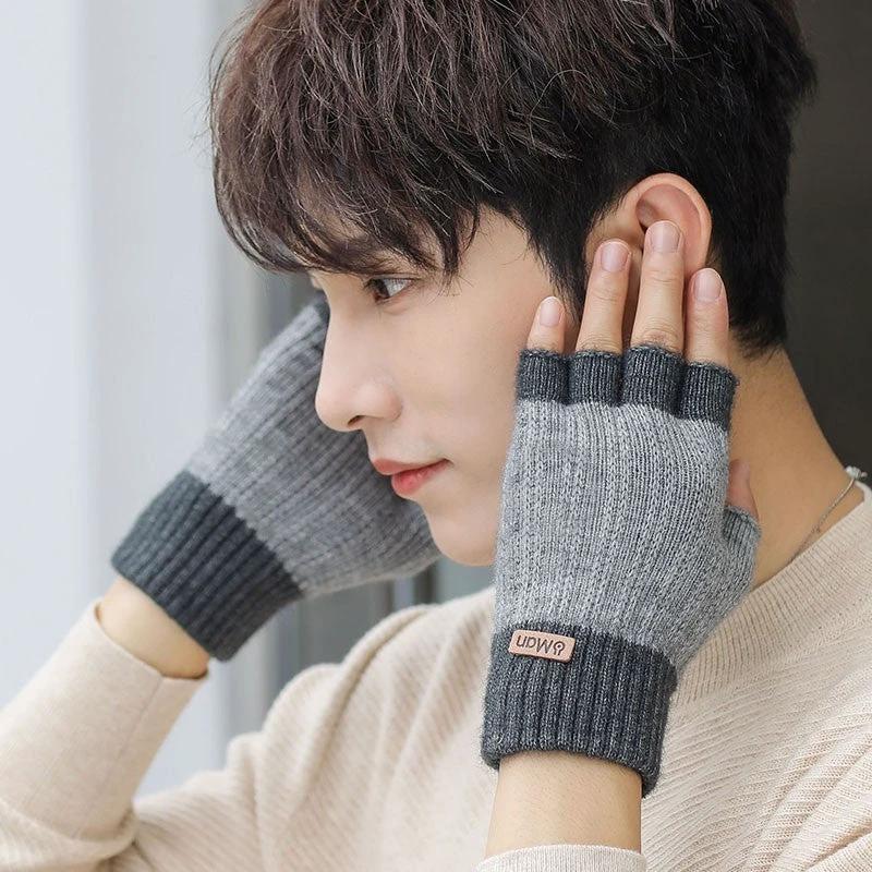 Men's Thick Knitted Half Finger Gloves by GJG Denim
