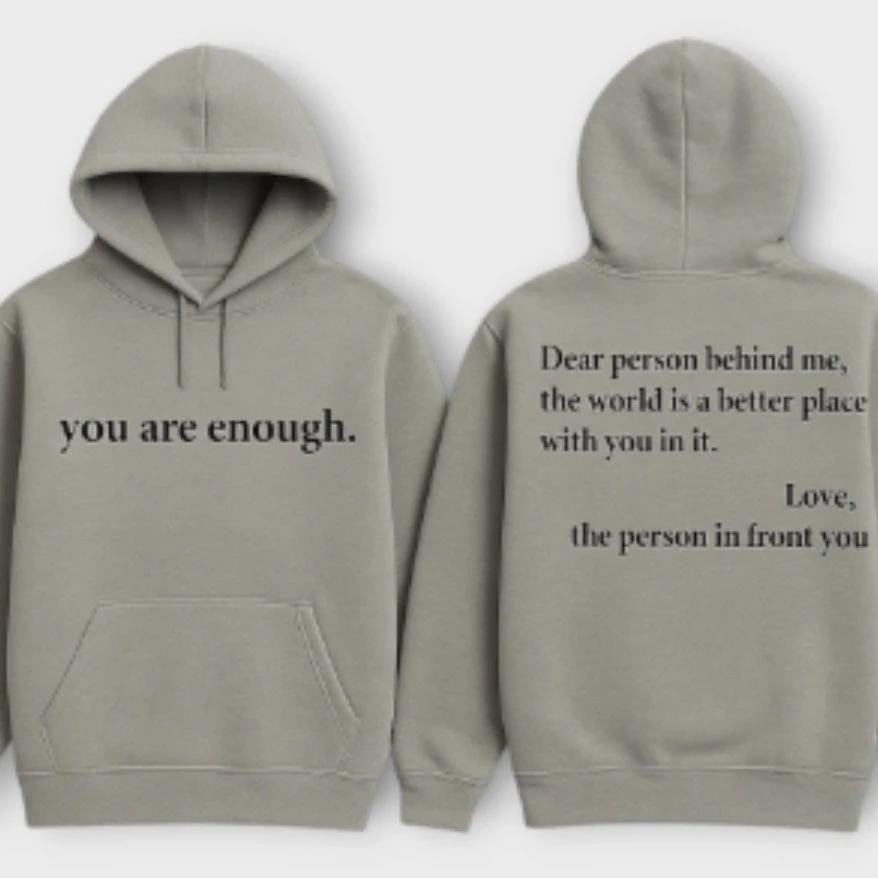 Fleece-lined Plain Letter Print Pocket Drawstring Print Hoodie by GJG Denim
