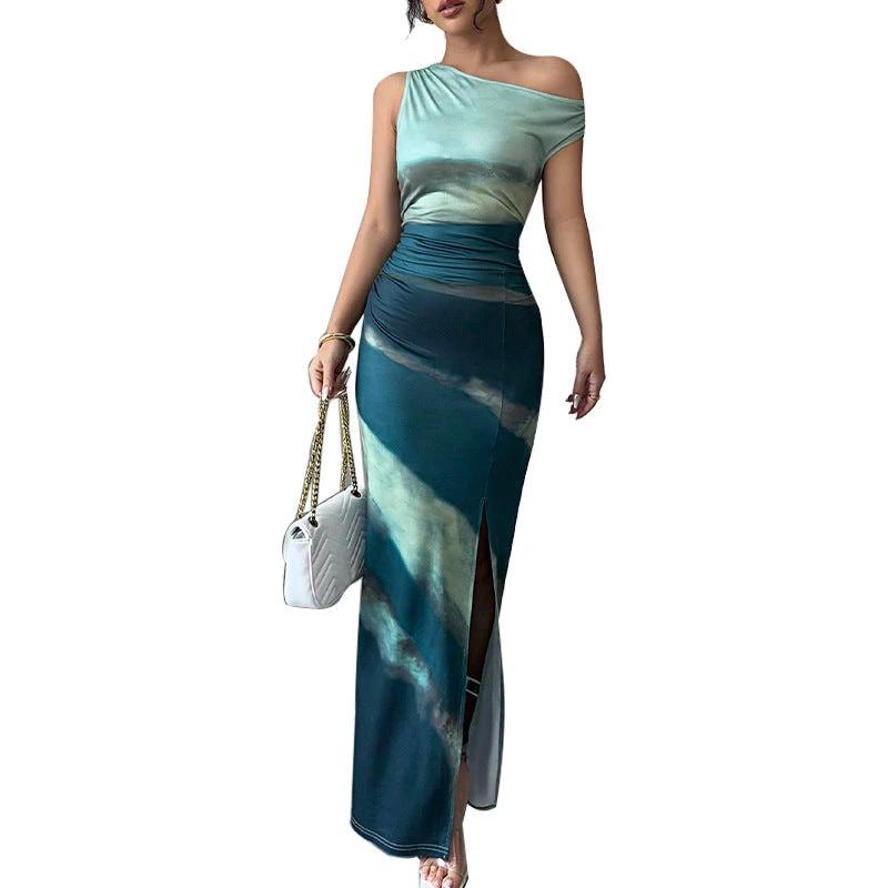 European And American Contrast Color Slim Fit Dress Slant Shoulder by GJG Denim