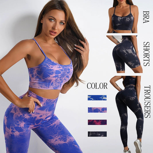 Women's Tie-dye Print Yoga Suit Women Fitness Sports High Waist Trousers Or Shorts Set by GJG Denim