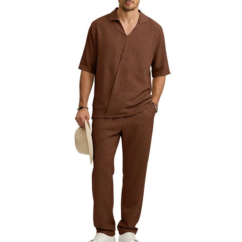 Men's Lapel Short Sleeve Shirt And Pants Suit by GJG Denim