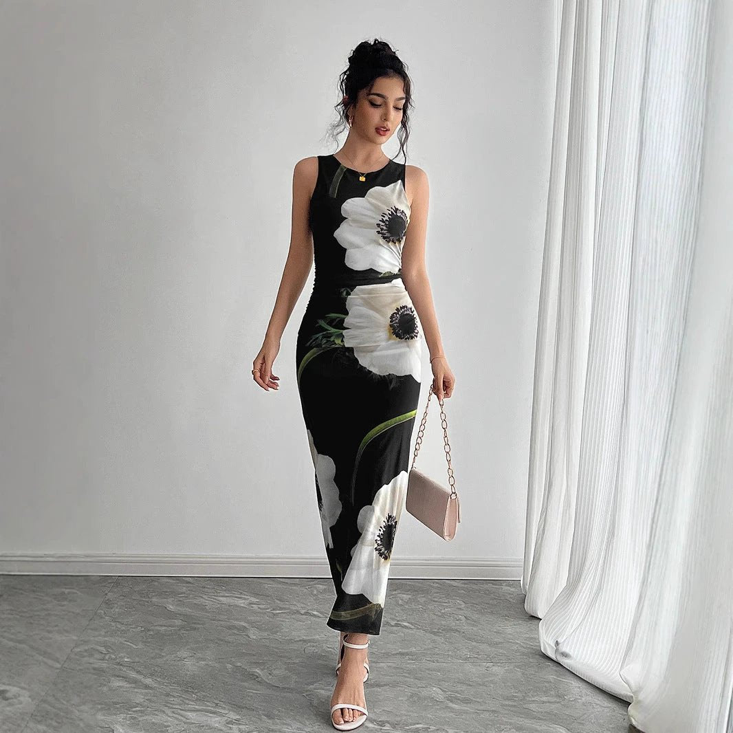 Women's Black Mesh Floral Print Sleeveless Dress Long Dress by GJG Denim