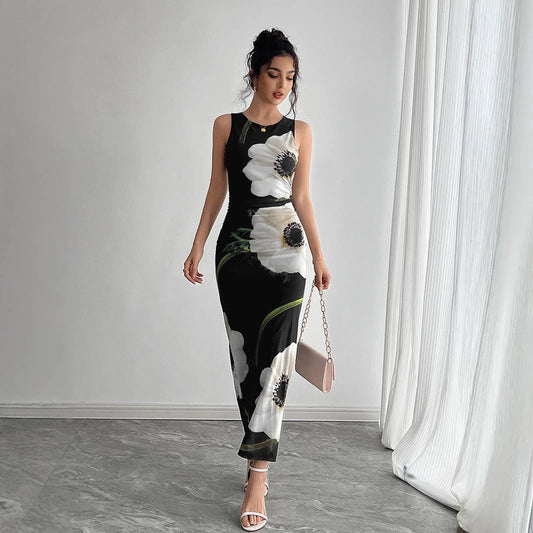 Women's Black Mesh Floral Print Sleeveless Dress Long Dress by GJG Denim