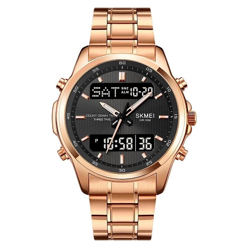 Multifunctional Men's Steel Strap Watch Double Display by GJG Denim