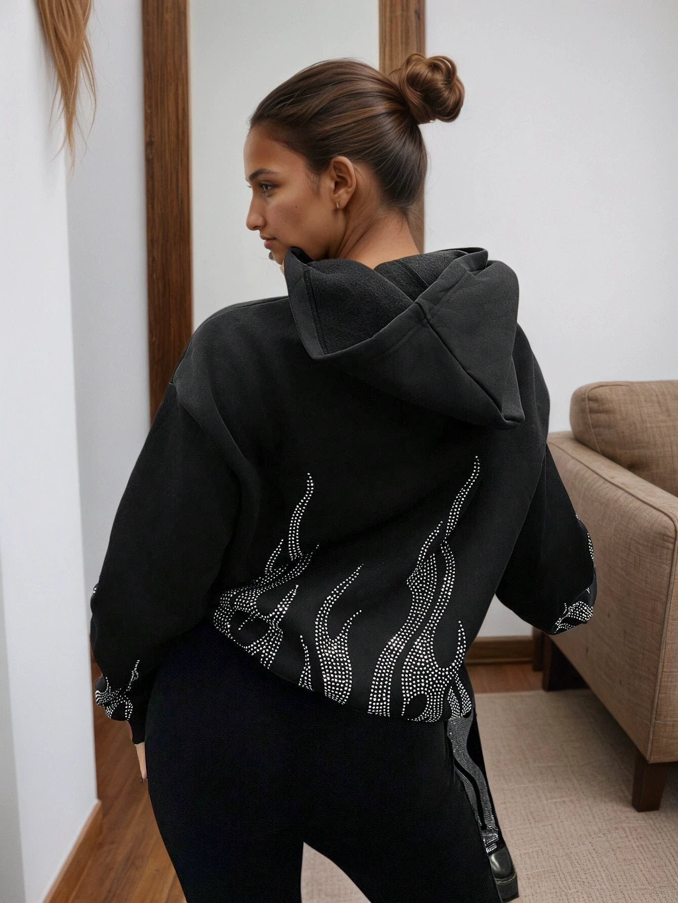 2025 New Women's Jacket With Zipper Closure, Hooded Neck, Flame Printed Sleeves, Essential Women's Coat For Autumn And Winter by GJG Denim