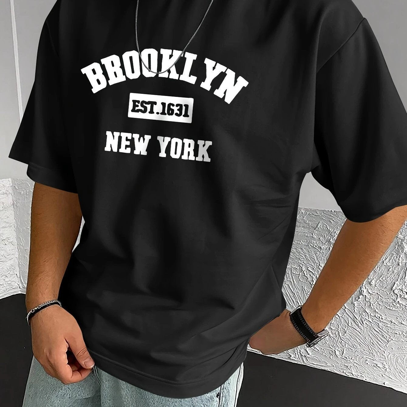Men's Summer Spring Brooklyn Fashionable Printed T-shirt, Casual Short Sleeved Fashionable Style T-shirt, Sporty New Casual Short Sleeved Top by GJG Denim
