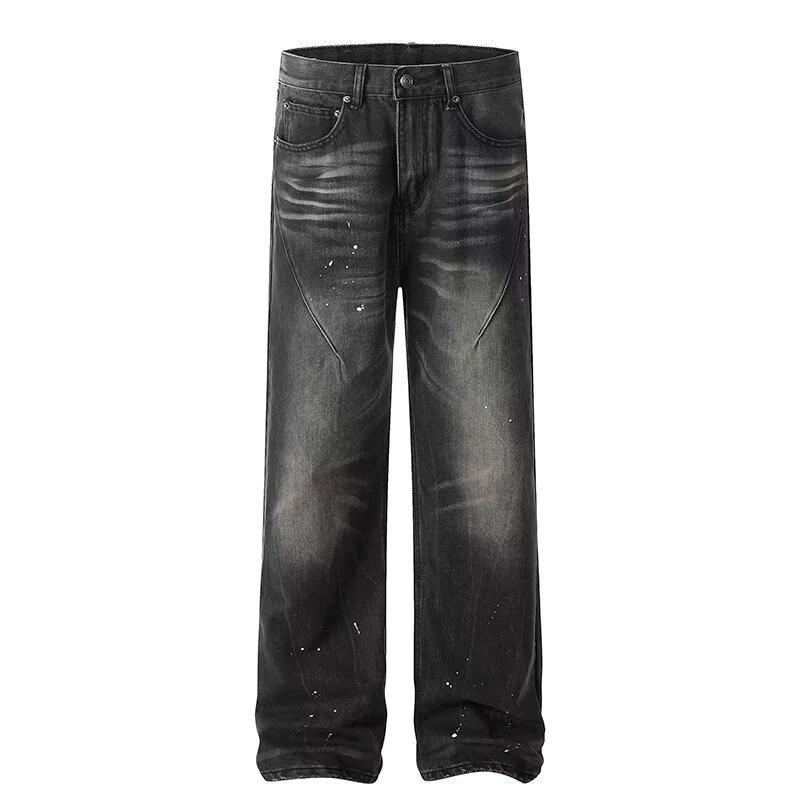 Retro Black Tie-dye Straight-leg Jeans For Men by GJG Denim