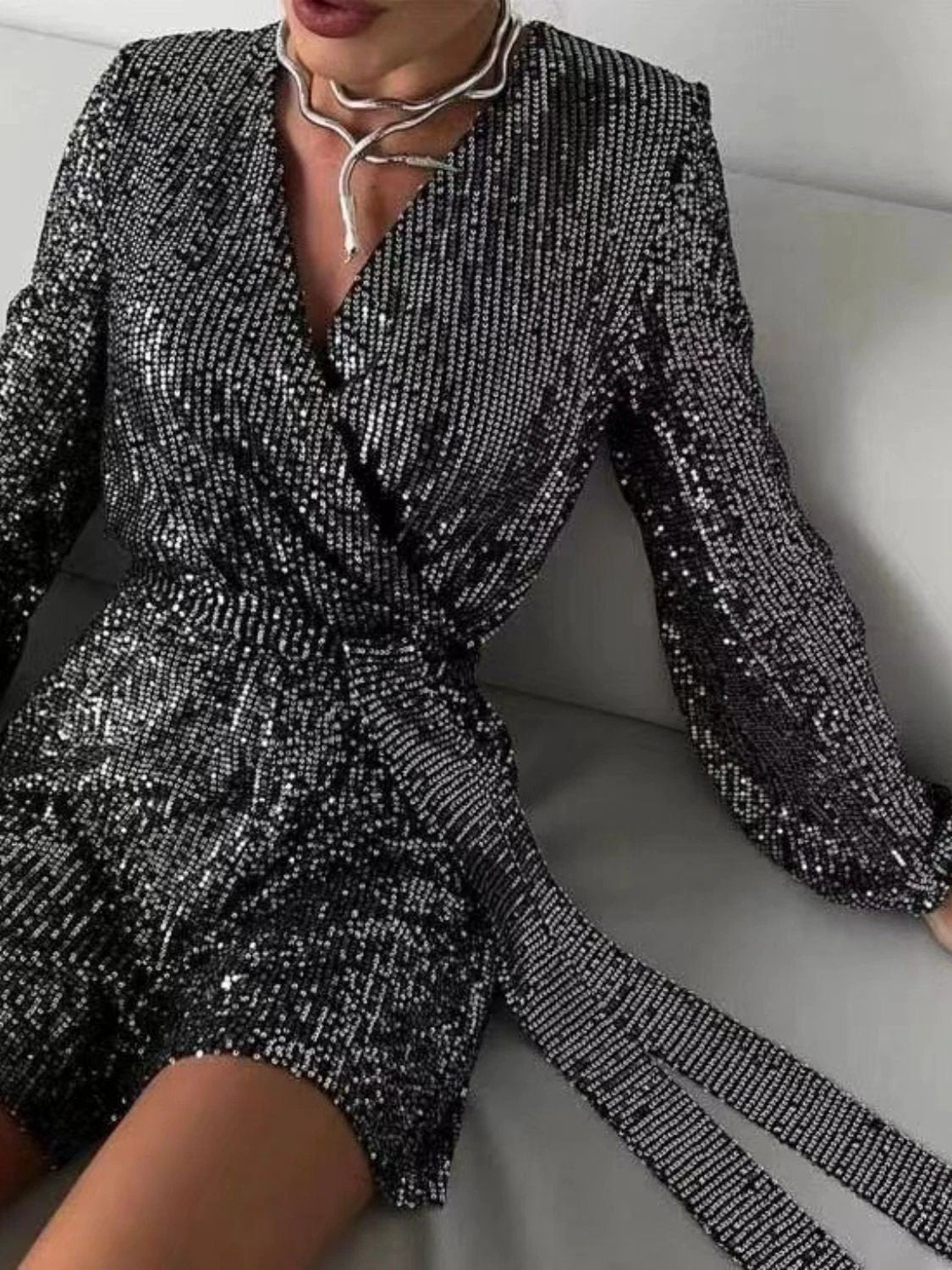 Full Size Sequin Surplice Tie Waist Long Sleeve Romper by Lady Ros