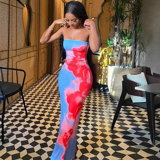 Contrast Color Floral Sexy Tube Top Dress by GJG Denim