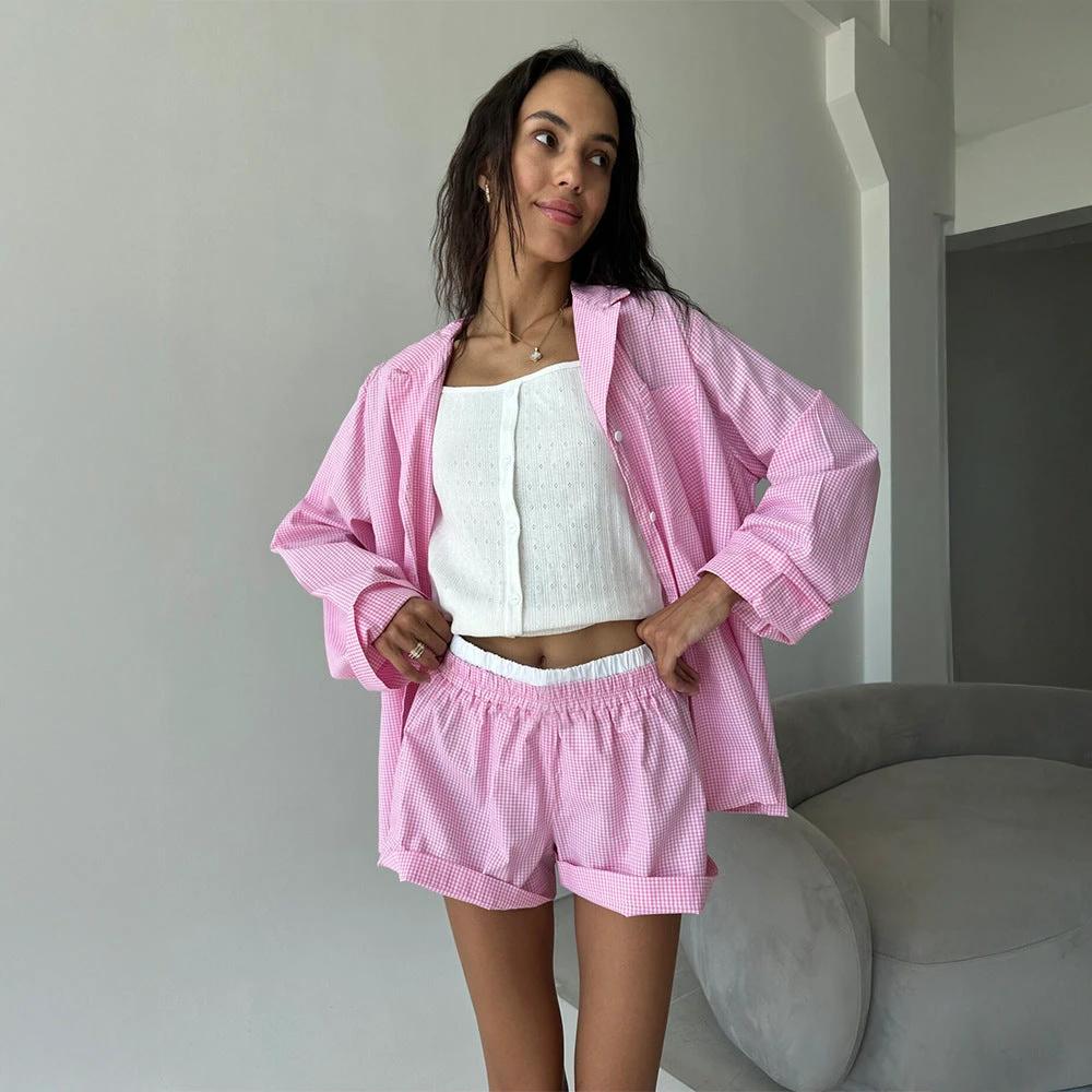 Plaid Long-Sleeve Shorts Pajama Set by GJG Denim