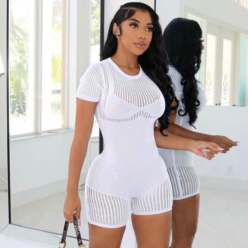 Women's Zipper Hollow-out Tight Hip Lifting Knitted Short Romper by GJG Denim