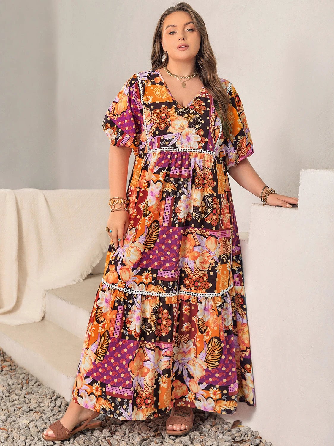 Plus Size Printed V-Neck Half Sleeve Maxi Dress by Lady Ros