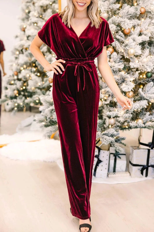 Drawstring Surplice Short Sleeve Jumpsuit by Lady Ros
