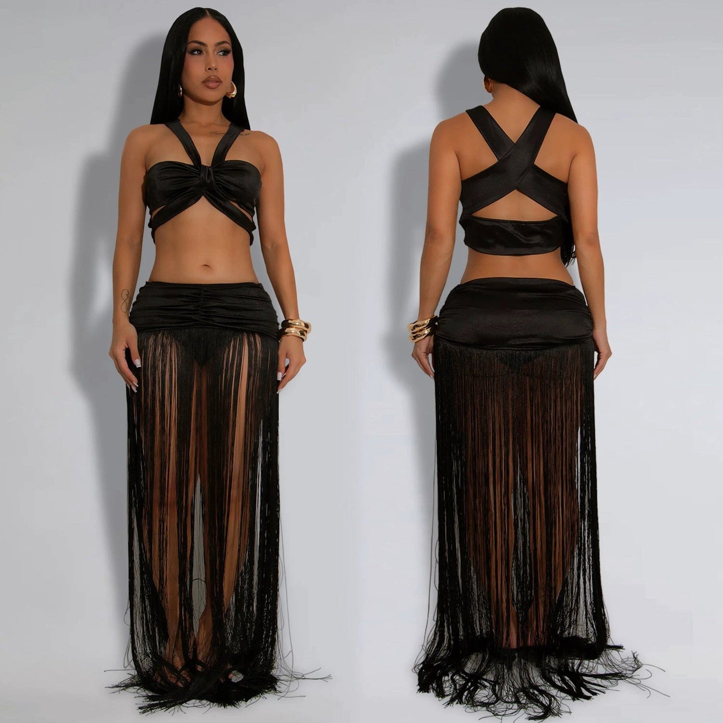 Sexy Shoulder Strap Top Tassel Skirt Two-piece Set by GJG Denim