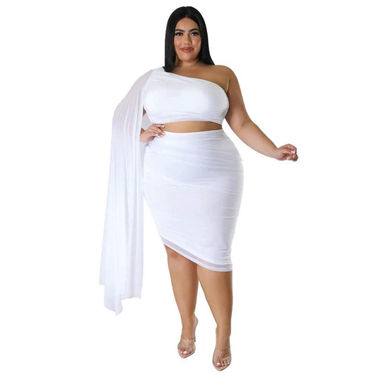 New Fashion Women's High-elastic Off-shoulder Long-train Sleeve Pleated Two-piece Set by GJG Denim