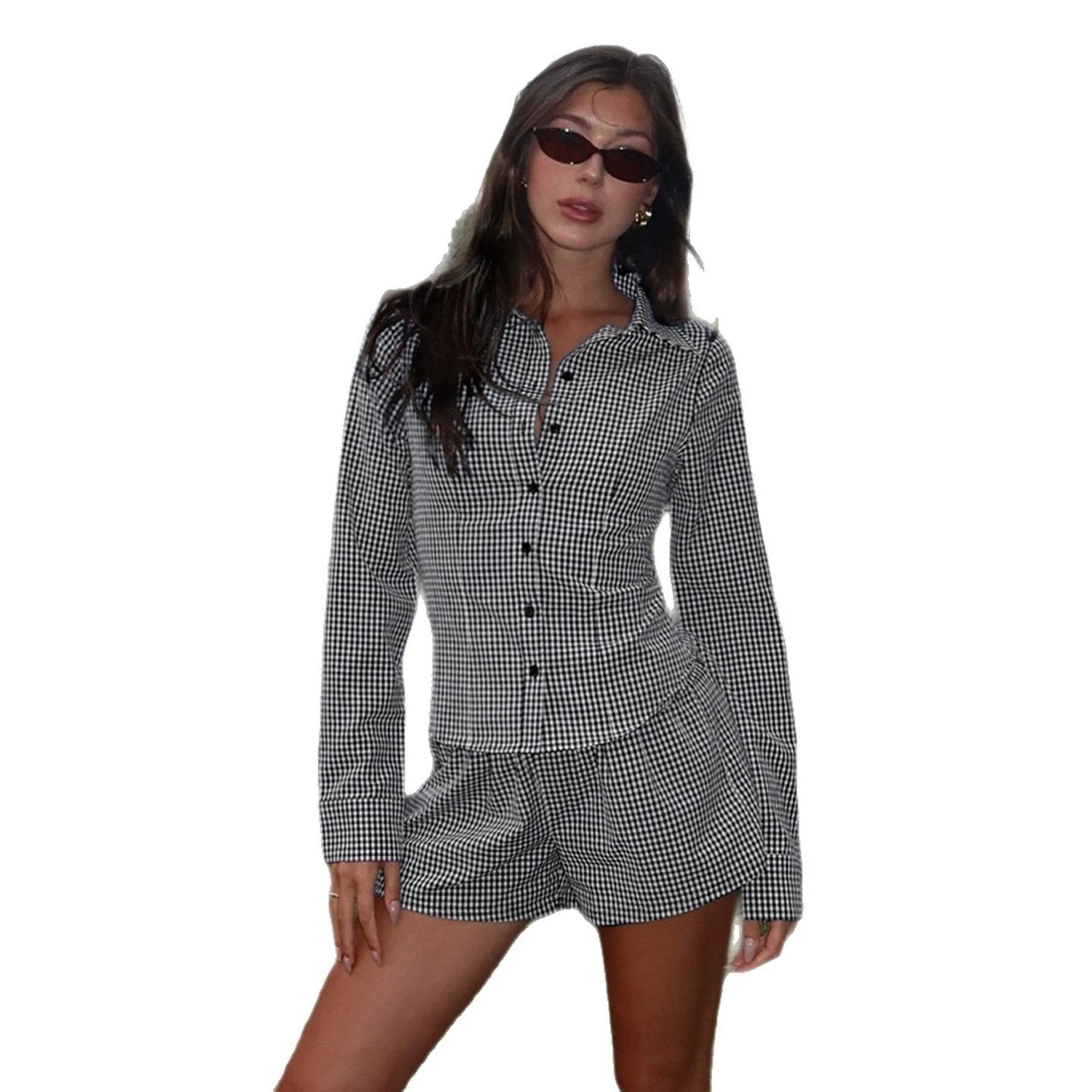 Plaid-printed Button-front Long-sleeve Shirt Cardigan And Elastic-waist Shorts Set by GJG Denim