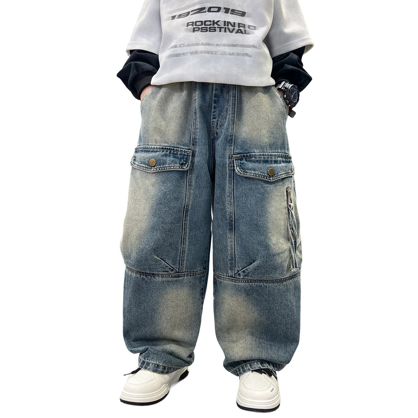 Simple And Versatile Boys' Pants Loose Cargo Jeans by GJG Denim
