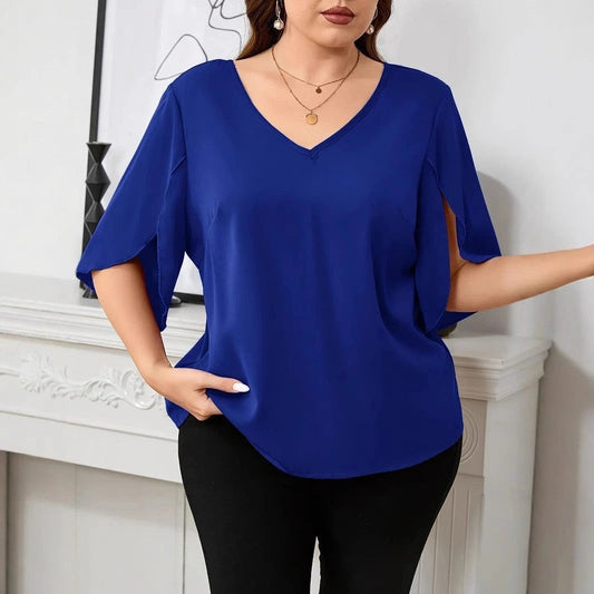 Fashion Solid Color Plus Size T-shirt Loose All-match V-neck by GJG Denim