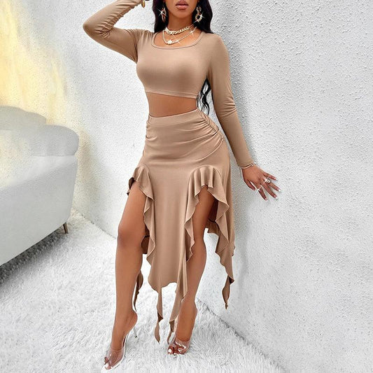 Women's Long Sleeve Round Neck Pleated Dress Suit - Solid Color Elegant Ruffle Outfit by GJG Denim