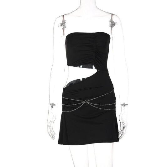 Slit Cutout Wrap Breast Chain Dress by GJG Denim