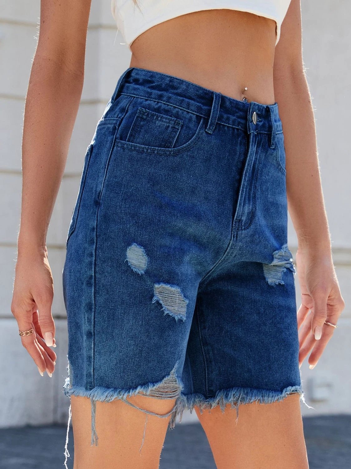 Distressed Raw Hem Denim Shorts by Lady Ros