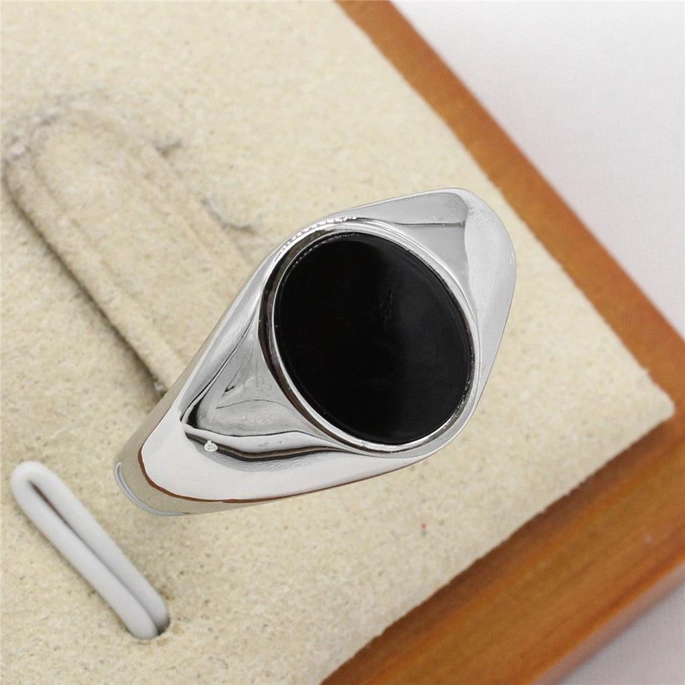 Fashionable Minimalist Oval Gemstone Ring In Cool-toned Titanium Steel For Men by GJG Denim