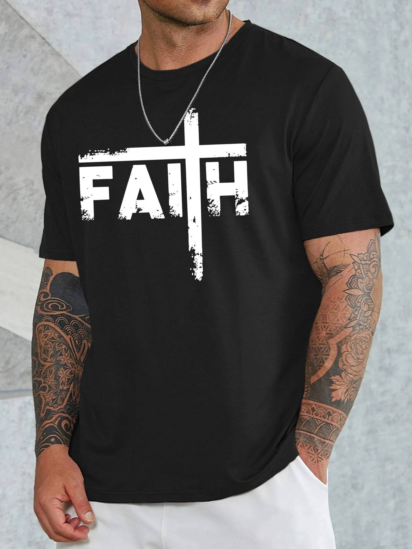 Large Men's Casual Fashion Sports T-shirt, Faith Pattern Round Neck Comfortable T-shirt Summer Clothing by GJG Denim