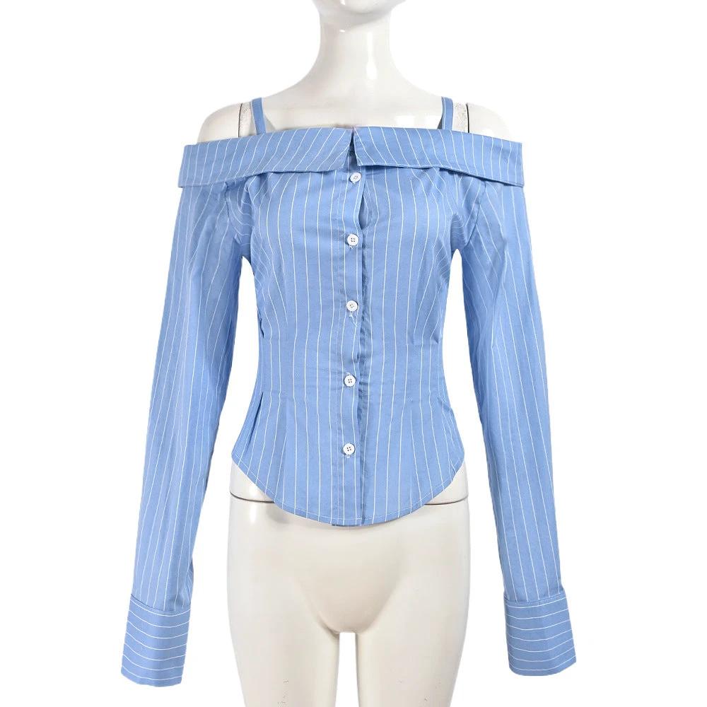 Hot Girl Style Women's Clothing Shirt Long Sleeve Off-the-shoulder Shirt Women by GJG Denim