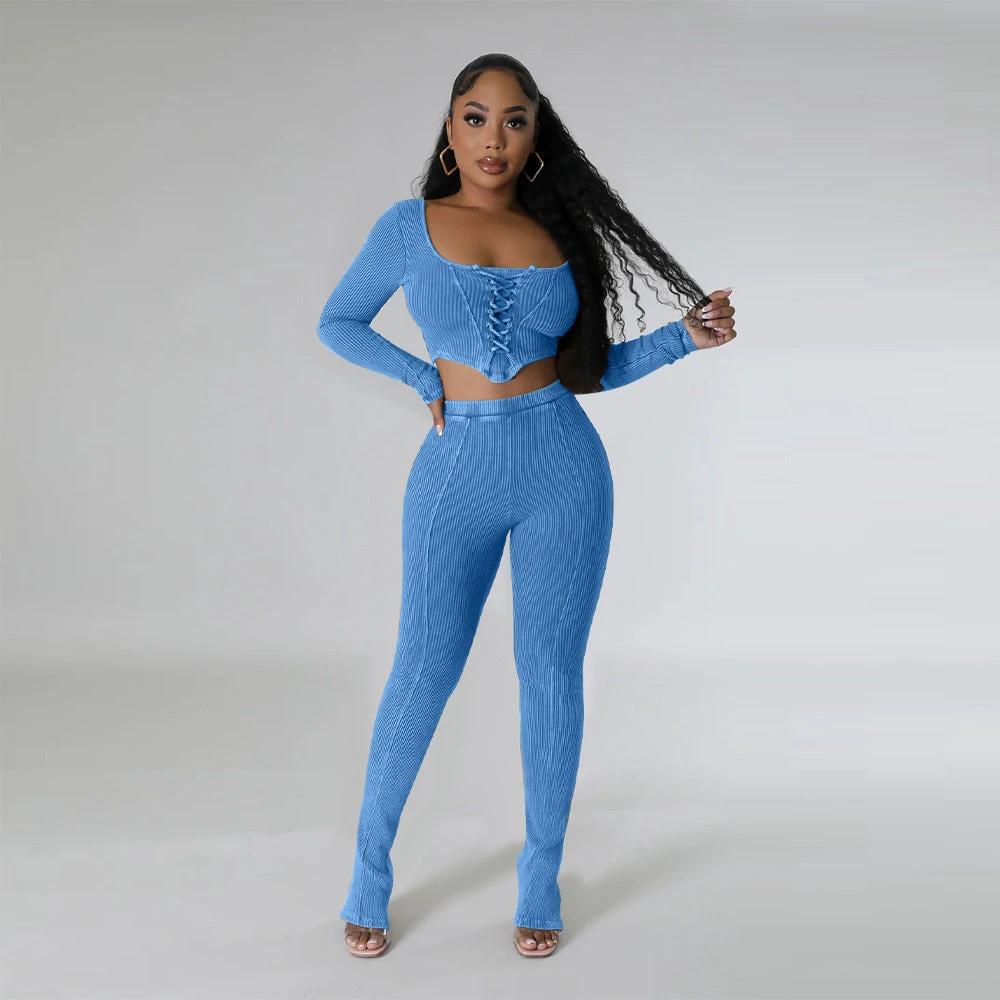 Square Collar Skinny Pants Two-piece Suit by GJG Denim