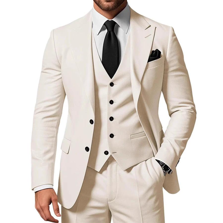 Men's Solid Color 2-piece Buckle Casual Jacket Vest Pants Suit by GJG Denim
