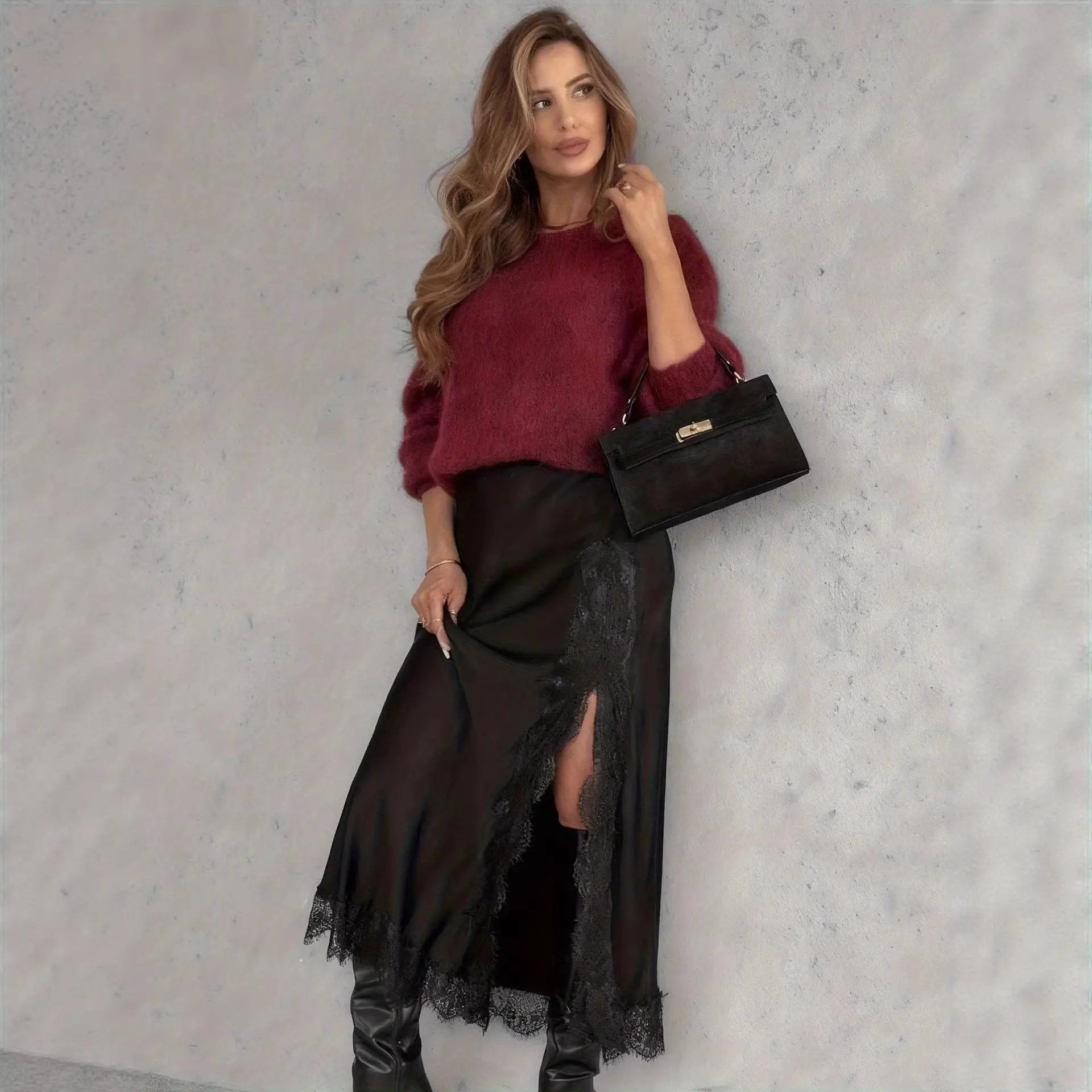Spring New High-Slit Satin Skirt Solid Color by GJG Denim