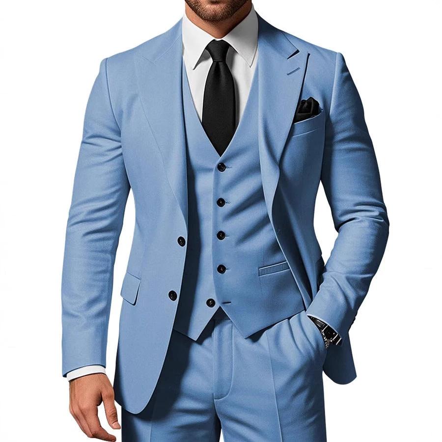 Men's Solid Color 2-piece Buckle Casual Jacket Vest Pants Suit by GJG Denim