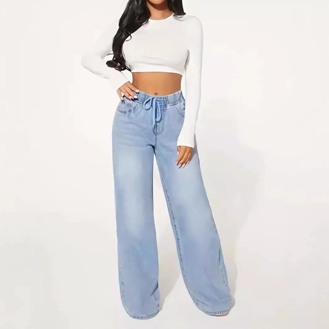 High Waist Drawstring Loose Wide Leg Light Blue Jeans by GJG Denim