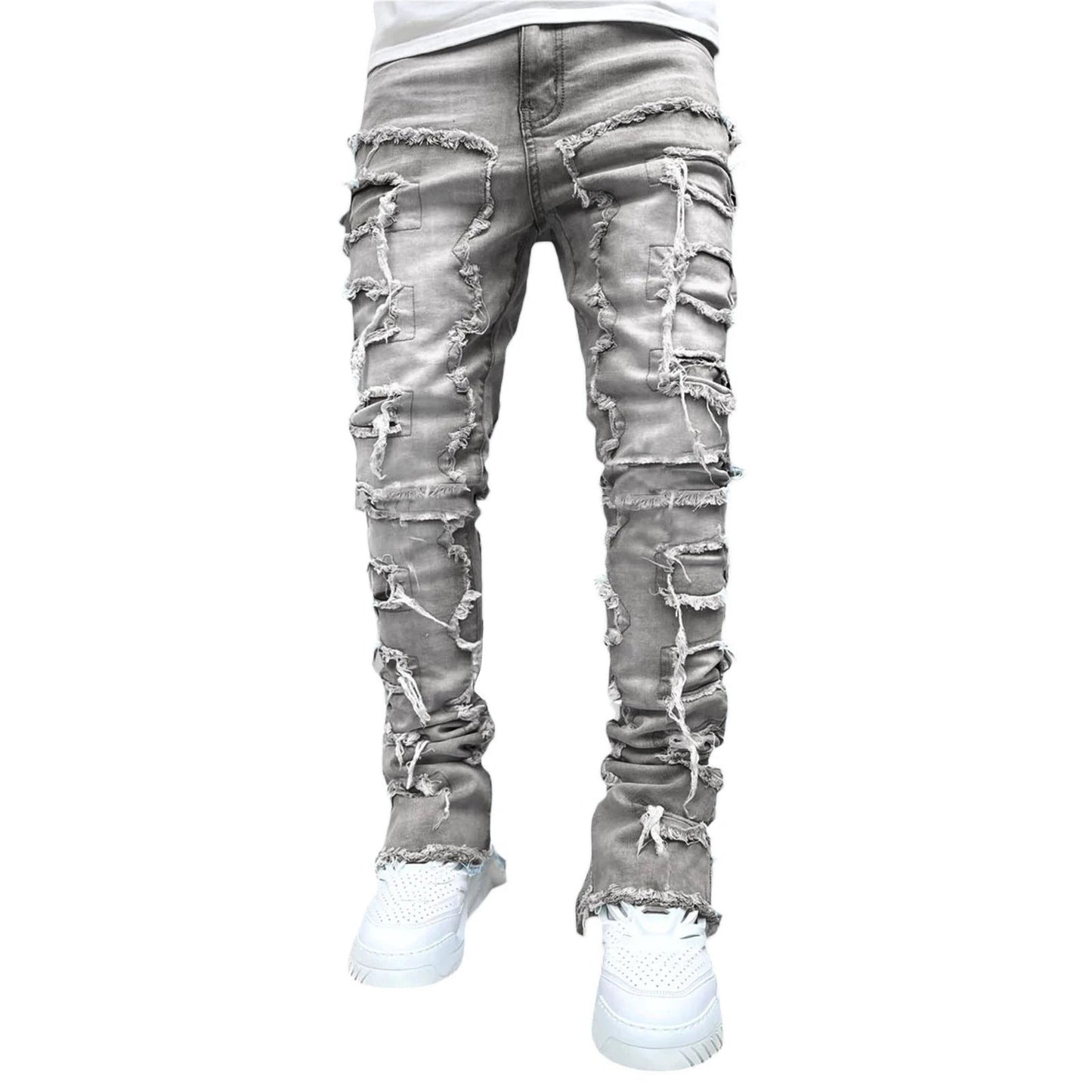 Men's Individual Patched Pants Long Tight Fit Stacked Jeans by GJG Denim