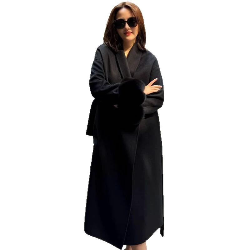 Wool Coat For Women Mid-length Black With Fox-fur Cuffs by GJG Denim