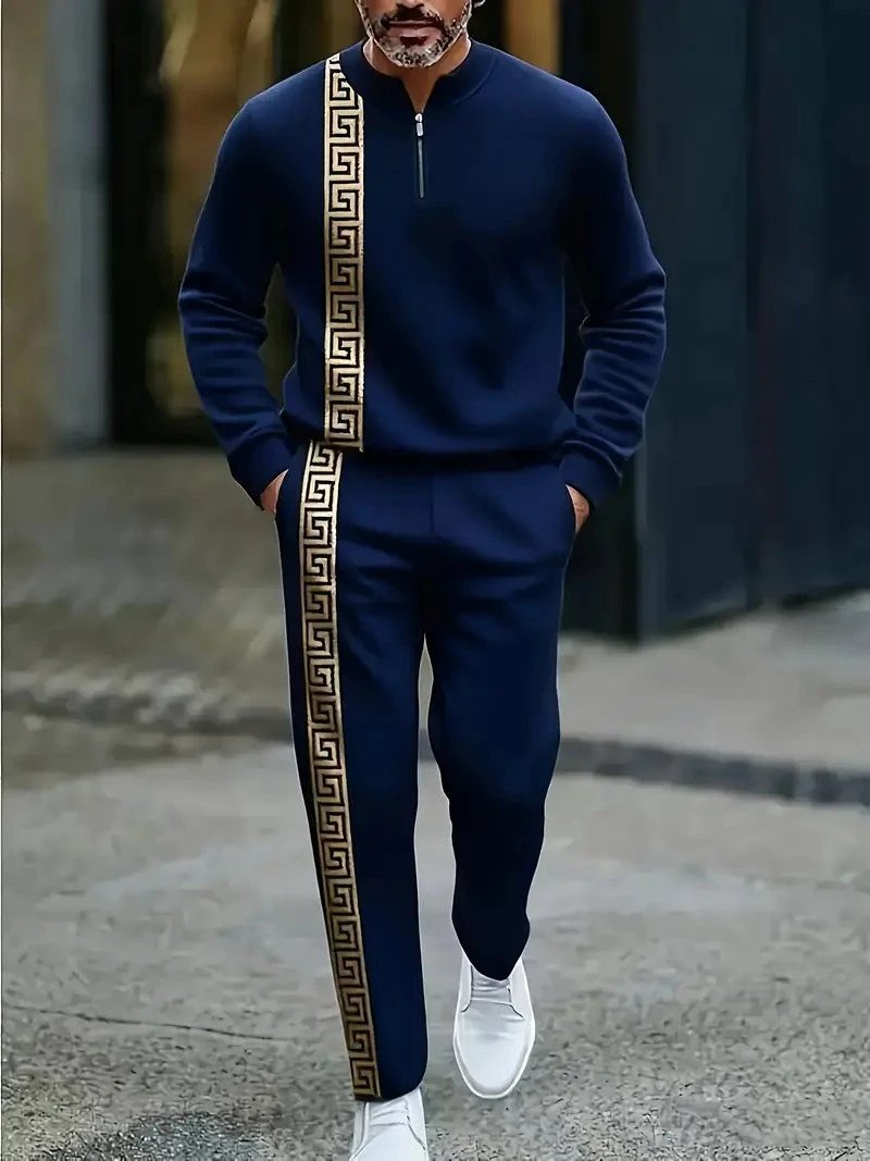 Long-sleeve Polo Shirt Long Pants Half-zip Placket Casual Sportswear Set For Men by GJG Denim