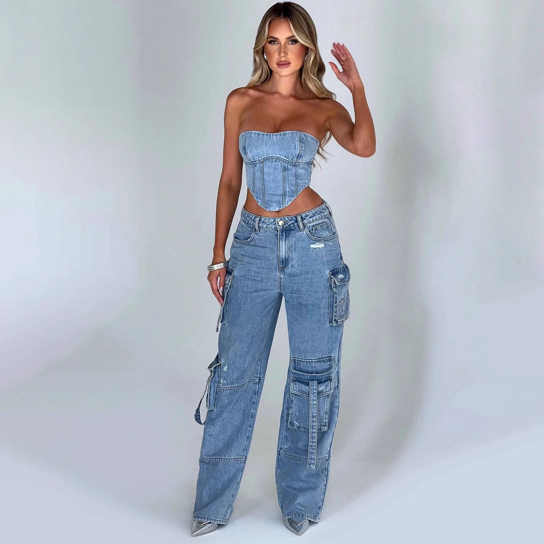 Tube Top And Pocket Stitching Jeans Pants by GJG Denim