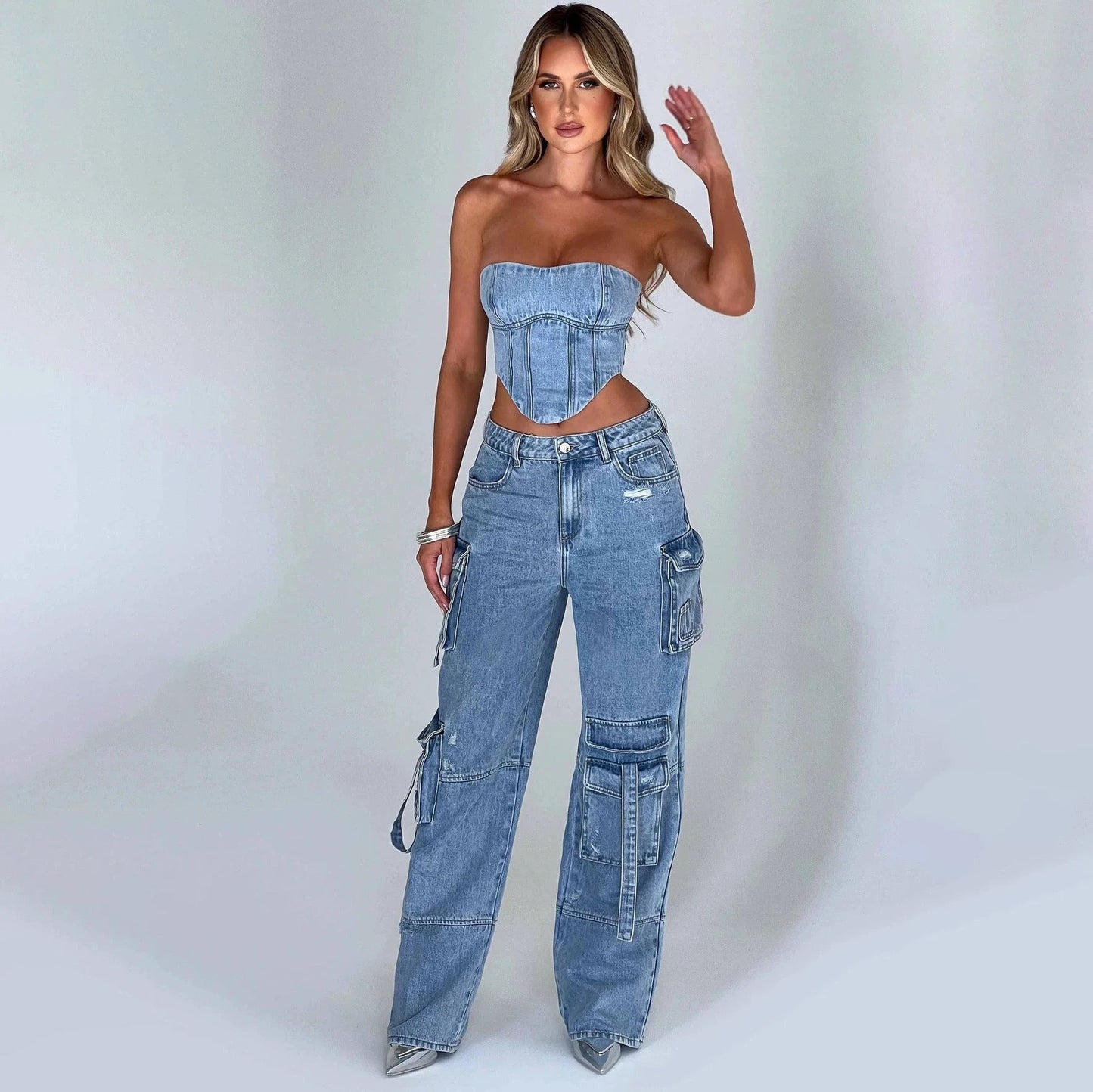 Tube Top And Pocket Stitching Jeans Pants by GJG Denim