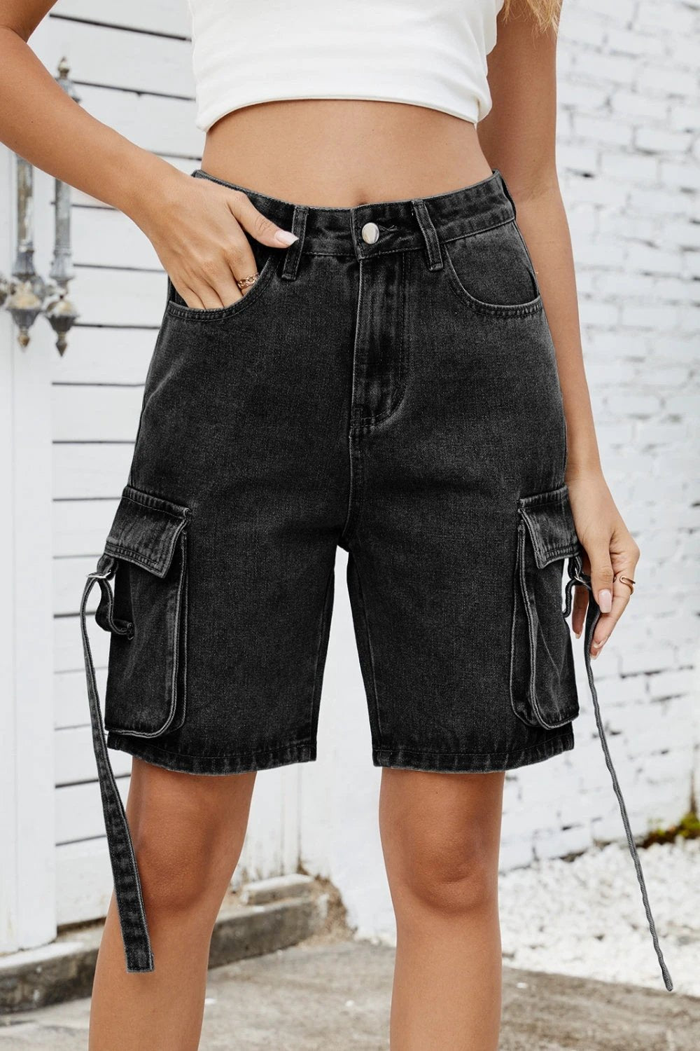 Washed Cargo Denim Shorts by Lady Ros