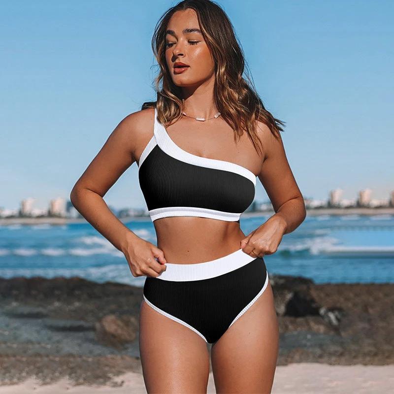 Single-side Strap Bikini Women's European And American Pure Color Tight High Waist Split by GJG Denim