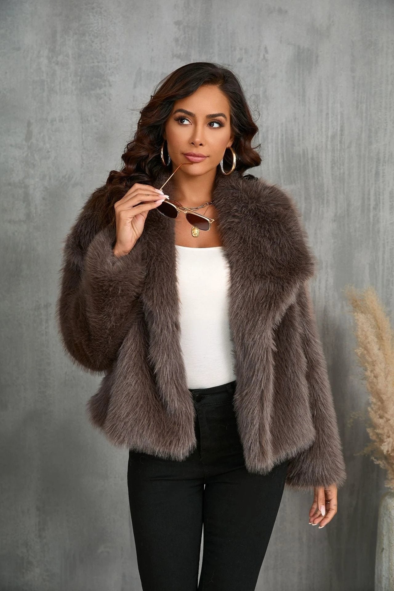 Large Lapel Fluffy Plush Artificial Fur Short by GJG Denim
