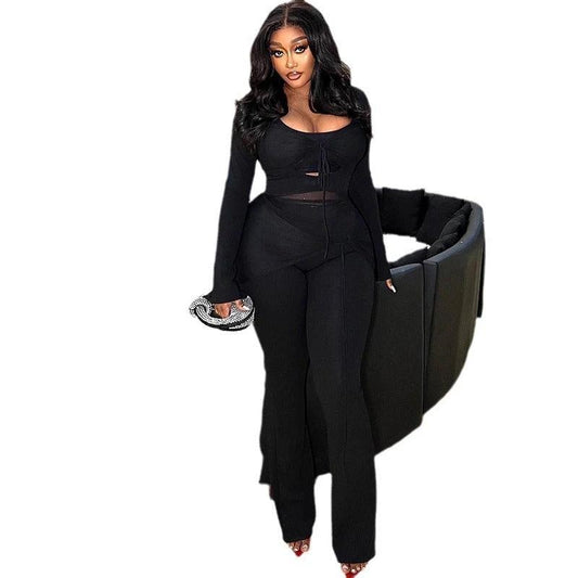 Women's Solid Color Casual Suit Mesh Stitching by GJG Denim