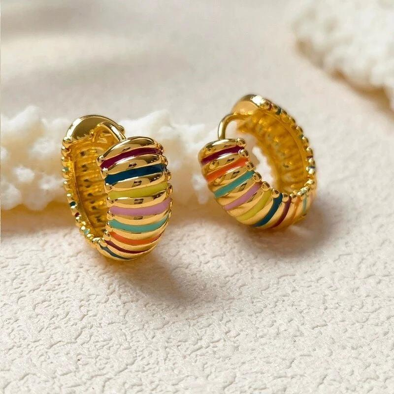 Retro Colorful Stripes Hoop Earrings Elegant Women's Light Luxury High-end Sense by GJG Denim