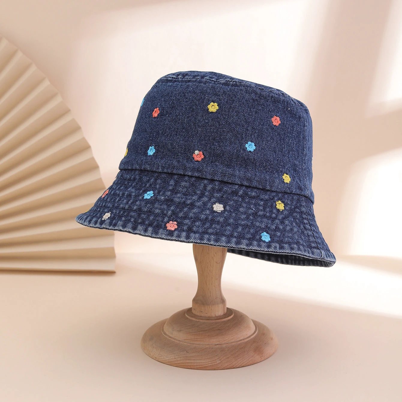 Korean-style Water-washed Embroidered Full-pattern Small Floral Fisherman Hat, Energetic And Cute Flat-top Cap, Suitable For Outdoor Wear. by GJG Denim